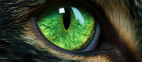 A detailed view of a cats vibrant green eye, showcasing the intricate details of the iris,...