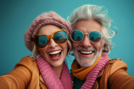 A man and woman are smiling for a picture. The man is wearing sunglasses and the woman is wearing a pink scarf. gray haired pensioner husband wife couple make selfie isolated on blue color background