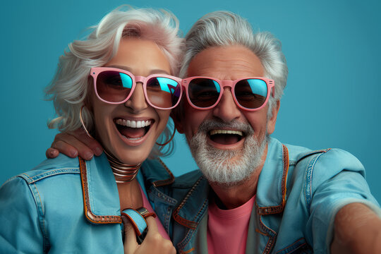 A man and woman are smiling for a picture. The man is wearing sunglasses and the woman is wearing a pink scarf. gray haired pensioner husband wife couple make selfie isolated on blue color background