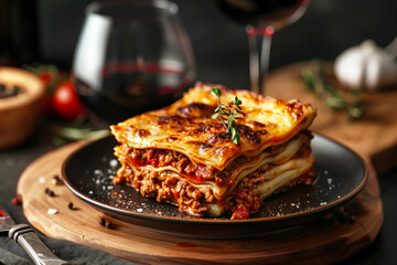 A lasagna bolognese. Served with a glass of red wine.