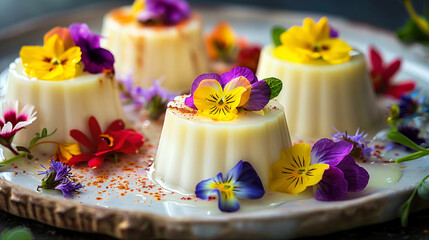 Vanilla panna cotta decorated with edible pansy flowers.