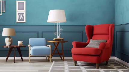 the vibrant colors and design of the armchair placed against the blue wall in the retro interior living room. Highlight any distinctive features that make it stand out