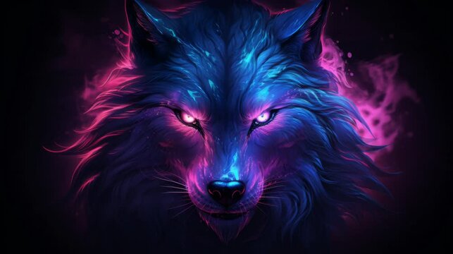 Luminous Watercolor Neon Wolf Loop Animation. AI-Generated Footage