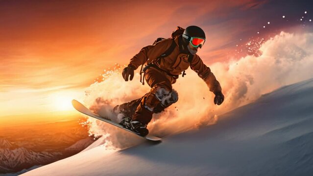 Young man snowboarding running down a hill in the Alpine mountains, winter sports and recreation, outdoor activities