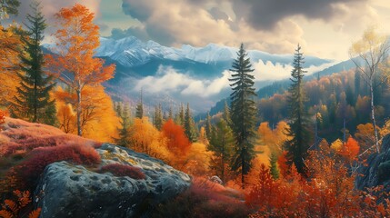 the vibrant colors and overall atmosphere of the autumn mountain panorama. Highlight the key...
