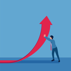 Man holding arrow to move upwards, illustration for increasing profits.