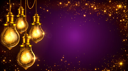 Abstract Background With Retro Light Bulbs On Purple Background - A Group Of Lights From A String - 763217165