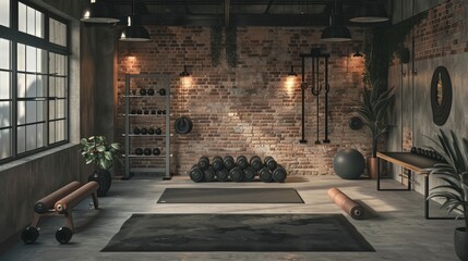 Modern home gym setup with an industrial vibe, including heavy-duty free weights, yoga mats and resistance bands, all displayed against a background of exposed brick and concrete floors.