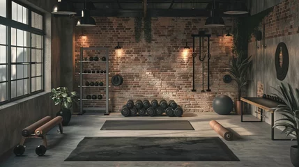Foto op Canvas Modern home gym setup with an industrial vibe, including heavy-duty free weights, yoga mats and resistance bands, all displayed against a background of exposed brick and concrete floors. © radekcho