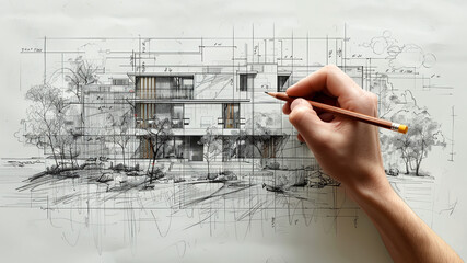  The architect draws the layout of a modern house,Generated by AI