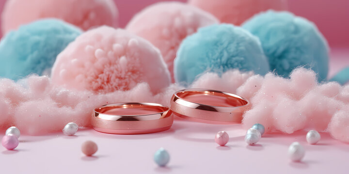 Gold Rings Above Fluffy Cloud Levitating, Isolated Object, Fashion Background, Modern Design, Abstract Metaphor - A Pair Of Gold Rings Next To Pink And Blue Balls