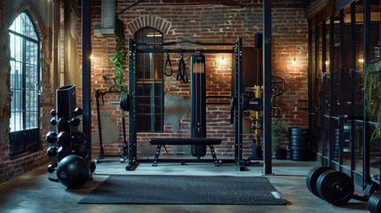 Modern home gym setup with an industrial vibe, including heavy-duty free weights, yoga mats and...