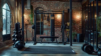 Foto op Canvas Modern home gym setup with an industrial vibe, including heavy-duty free weights, yoga mats and resistance bands, all displayed against a background of exposed brick and concrete floors. © radekcho