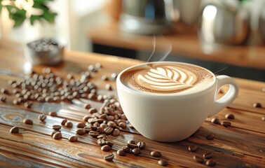 A warm cup of latte art coffee on a wooden surface surrounded by scattered coffee beans, evoking a cozy, aromatic atmosphere