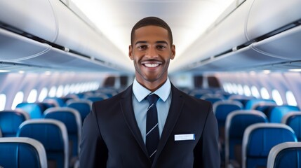 Assisting ready flight attendant professional uniform cabin presence