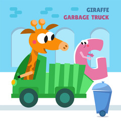 Letter G. Alphabet, card with cute cartoon style characters. Giraffe and Garbage truck. ABC. Education for children. Preschool activity. Vector illustration.