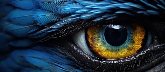 Gordijnen A closeup painting of a dragons eye with electric blue and yellow feathers resembling eyelashes, showcasing intricate detail like a terrestrial birds iris © 2rogan