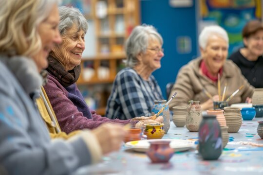Elderly Leisure Activities: Seniors Painting in Bright Art Studio