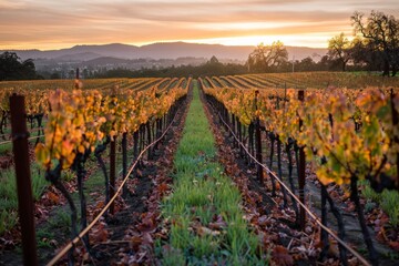 Harvest Time: Serene Vineyard Landscape at Sunset - obrazy, fototapety, plakaty