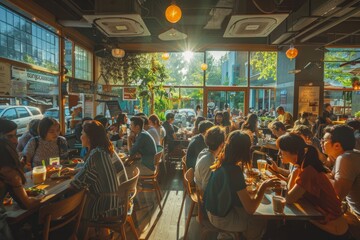 Warmth and Light: Busy Cafe During Breakfast Hours