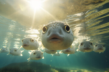 A school of puffer fishes swimming, lovely sunlights from surface of sea, view from seabed, low angle, realistic...