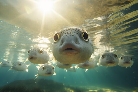 A school of puffer fishes swimming, lovely sunlights from surface of sea, view from seabed, low angle, realistic...