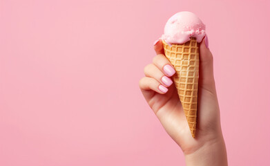 Hand Holding a Waffle Cone Ice Cream Scoop on a Pink Background