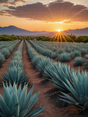 Photo Of Agave Tequilana, Sunset Landscape Of A Tequila Plantation - obrazy, fototapety, plakaty