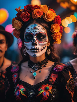 Photo Of A Group Of People Wearing Vibrant And Ornate Skull Makeup, Embodying The Festive Spirit Of Day Of The Dead, Dia De Muertos