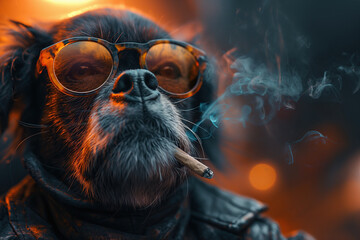Cartoon character dog smokes joint marijuana cigarette with cannabis - obrazy, fototapety, plakaty