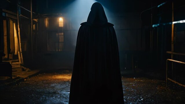 Ominous back view of a solitary figure wearing black robes standing in the darkness. Face unseen, identity unknown. 