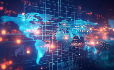 Obraz premium A digital representation of a world map made with blue and orange light patterns.
