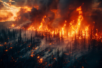 Fototapeta na wymiar Wildfire raging through a forest, destroying habitats and emitting harmful gases