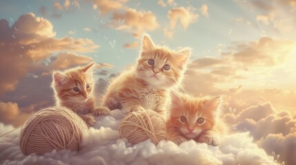 Skybound Adventures Kittens Set Sail on Cloud Galleon - obrazy, fototapety, plakaty