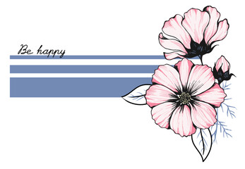 Stripes with flowers. Be happy. Vector illustration. Print for t shirt.