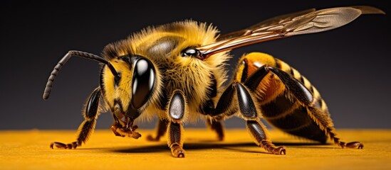 A closeup of a honeybee, a pollinator arthropod insect, on a yellow surface. This terrestrial animal with wings is a crucial pollinator and not just a pest