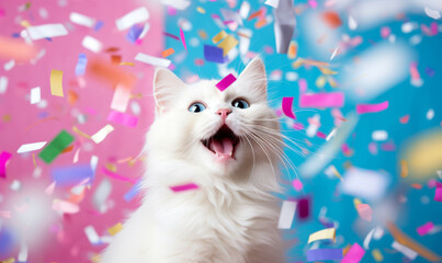 Funny portrait of a happy smiling cat on a festive background with confetti.