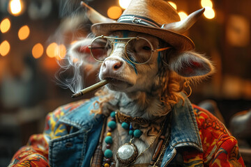 Bull cartoon character cow smokes joint marijuana cigarette with cannabis - obrazy, fototapety, plakaty