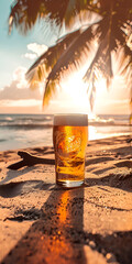 Mobile vertical wallpaper photograph of a beer pint glass at a tropical beach. Sunlight.. Story post. - obrazy, fototapety, plakaty
