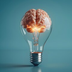 An adorable brain cartoon in 3D, pondering with a light bulb illuminated with an idea on a tranquil blue backdrop - obrazy, fototapety, plakaty
