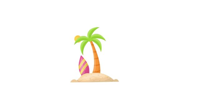Surfboards Standing In Sand with Palm Tree on Tropical Beach Animated Video Concept, Summer Holidays Vocation Footage,  surfing plank and Tree on Windy island animation, 