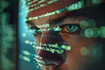 A programmer looks at the monitor screen up close, a program code of numbers reflected on her face, the effects of computer technology on people