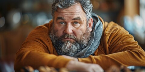 A mature Caucasian man, visibly overweight, contemplates with a sad and serious expression. - obrazy, fototapety, plakaty