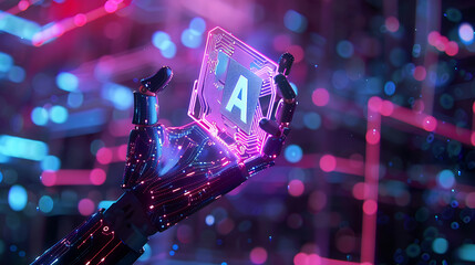 Fototapeta na wymiar AI humanoid hand holding AI Logo on microchip hologram, Future cybernetic artificial intelligence technology concept. Generative Ai