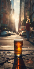 Mobile vertical wallpaper photograph of a beer pint glass on the street. . Story post. - obrazy, fototapety, plakaty