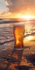 Mobile vertical wallpaper photograph of a beer pint glass at a tropical beach. Sunlight.. Story post. - obrazy, fototapety, plakaty
