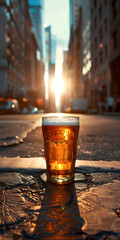 Mobile vertical wallpaper photograph of a beer pint glass on the street. . Story post. - obrazy, fototapety, plakaty