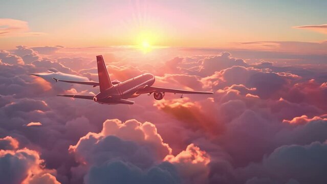 Air travel motion: Animated scene of passenger jet flying high.