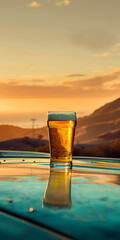Mobile vertical wallpaper photograph of a beer pint glass on the hood of an old classic car. sunset. Hills. Mountains. Beach.. Story post. - obrazy, fototapety, plakaty