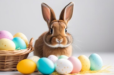 Easter bunny and basket with Easter eggs on a simple plain isolated background - Easter decoration, banner, panorama, background